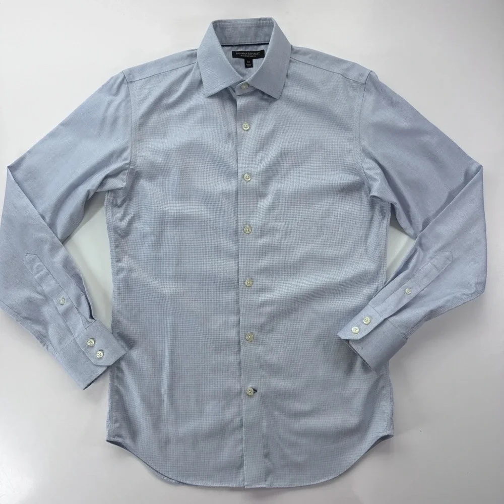 BANANA REPUBLIC Non Iron Slim Fit Dress Shirt Mens X-Small Sky Blue Square Weave